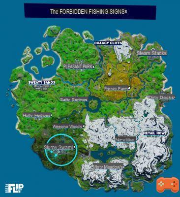 Fortnite: Pegue um objeto com uma vara de pescar em vários lugares indicados por um sinal de Proibido Pescar, desafios Camaïeu vs Allure