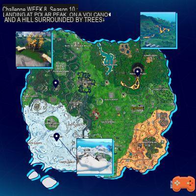 Fortnite: Land at Polar Peak, on a volcano and on top of a hill with a circle of trees, Storm Run challenge, guide to achieve it